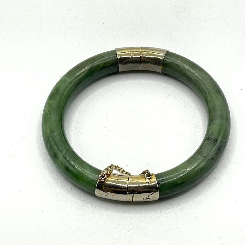 Vintage Spinach Green Nephrite Jade Bangle Bracelet Hinged 10K Gold Plate Caps